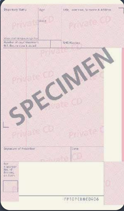 Specimen English FP10 private controlled-drug prescription form