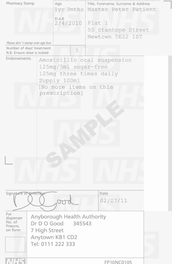 Faded sample prescription form — Northern Ireland support is in progress