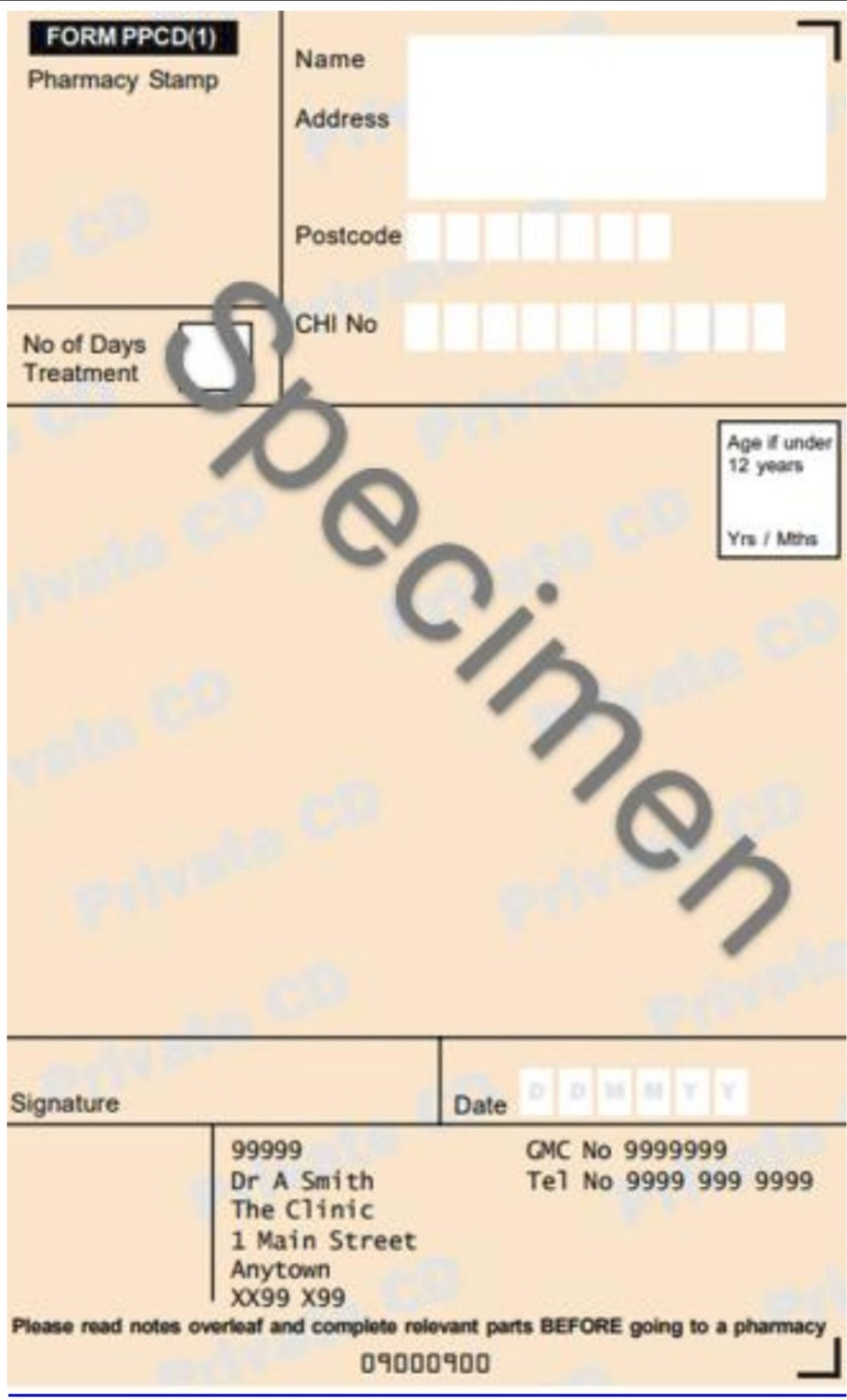 Specimen Scottish PPCD(1) private controlled-drug prescription form