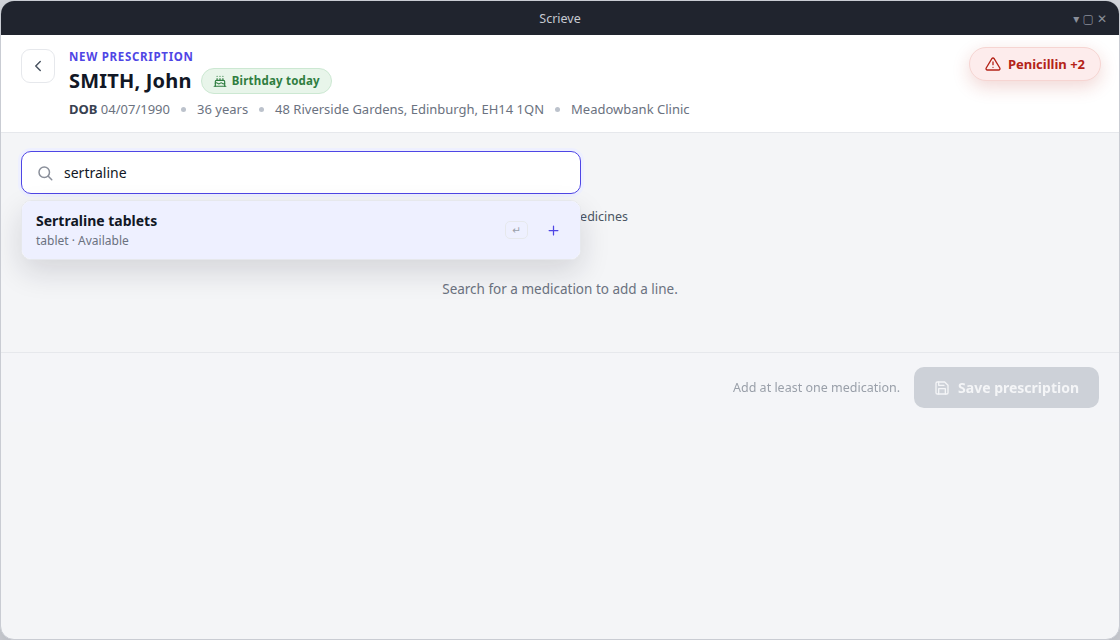 Scrieve medication entry — searching the NHS dm+d formulary to build a prescription for a fictional demo patient