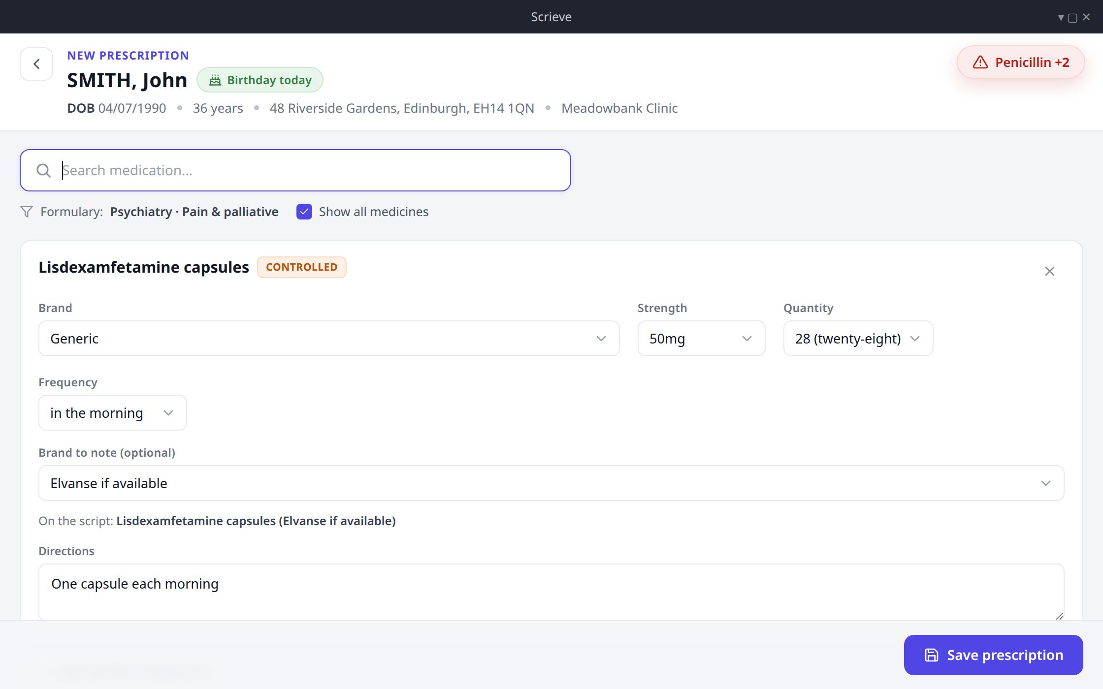 Scrieve medication entry — searching the NHS dm+d formulary to build a prescription for a fictional demo patient