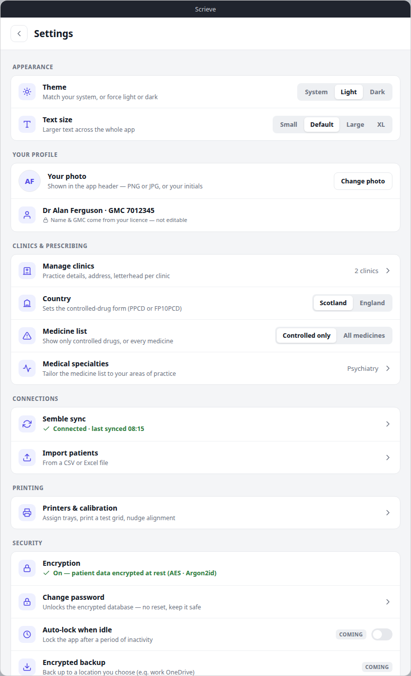 Scrieve settings — appearance, clinic profiles, connectors, printing and encryption